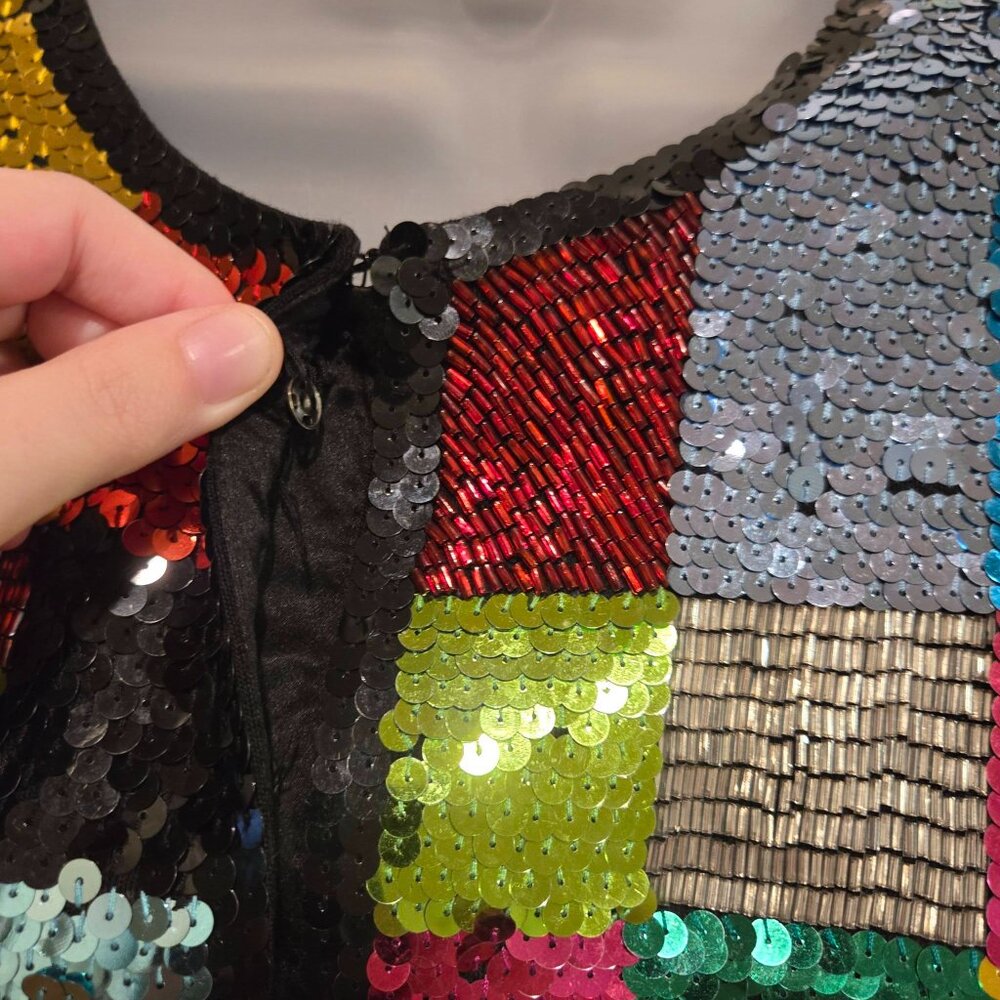 Vintage Adrienne Vittadini Rainbow Sequin Glitter Patchwork Jacket Small - Picture 14 of 15